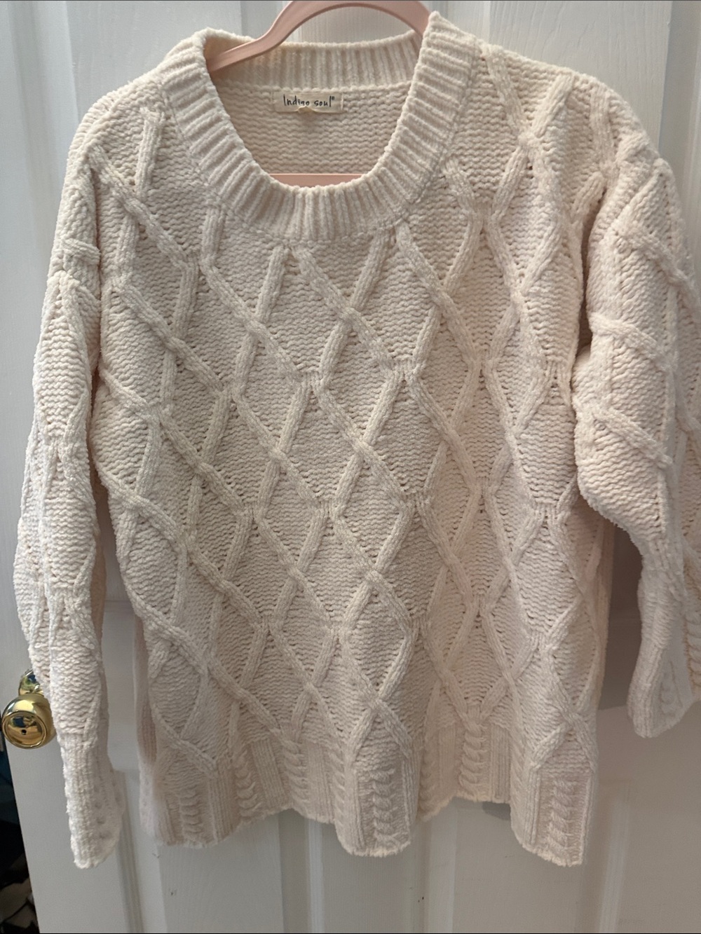 indigo soul Cream Diamond Cable Knit Crew Sweater